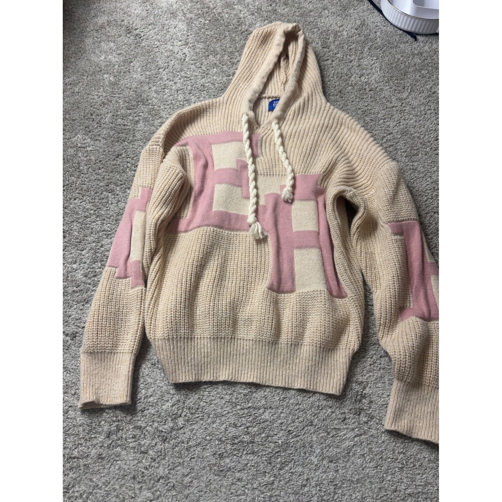 Aelfric Eden Oversized Knit Hoodie Beige Pink Lettering Streetwear Sweater L